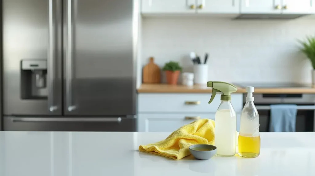 Modern kitchen showcasing shiny stainless steel appliances cleaned with a DIY stainless steel cleaner, featuring a spray bottle, white vinegar, olive oil, and a microfiber cloth neatly arranged on the countertop