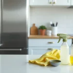 Modern kitchen showcasing shiny stainless steel appliances cleaned with a DIY stainless steel cleaner, featuring a spray bottle, white vinegar, olive oil, and a microfiber cloth neatly arranged on the countertop