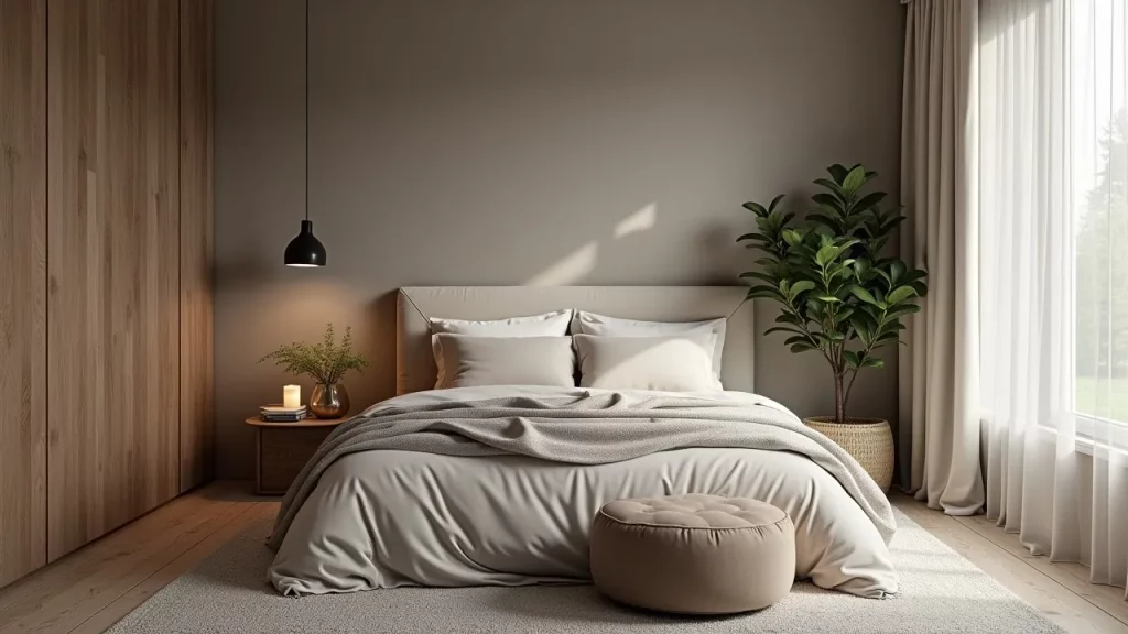 A relaxing taupe bedroom retreat with layered bedding, soft lighting, and greenery, embodying Taupe Bedroom Decorating Ideas.