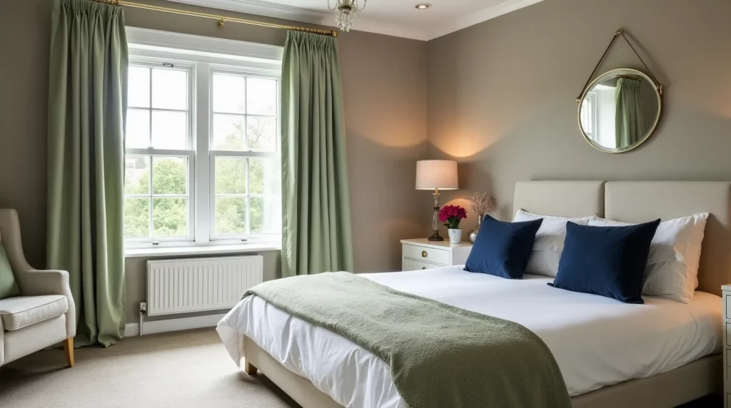 A taupe bedroom featuring sage green curtains and navy blue accent pillows on the bed.]